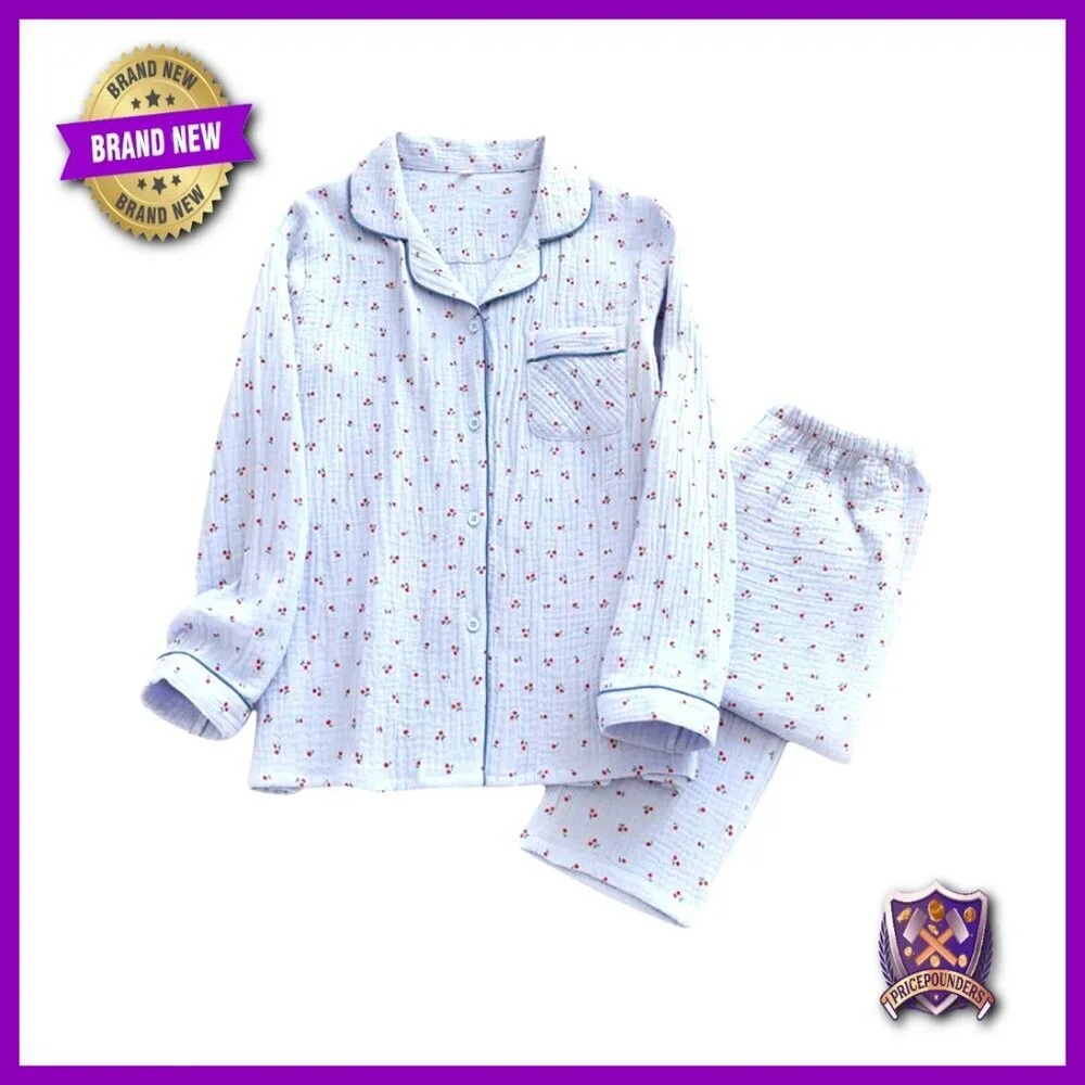 Women's Cotton Gauze Pajama Set Long Sleeve Button Up Shirt Pants